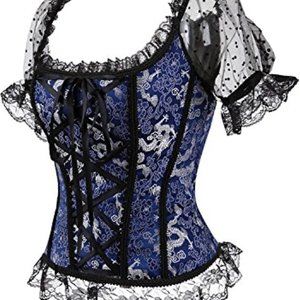 Women's Corset with Off Shoulder Victorian Lace Long Sleeves Top - Blue - 2XL